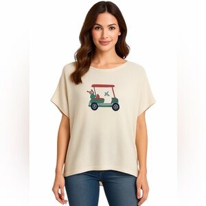 Mia & Tess Sweater Womens Top L Cream Poncho Style Golf Cart Graphic